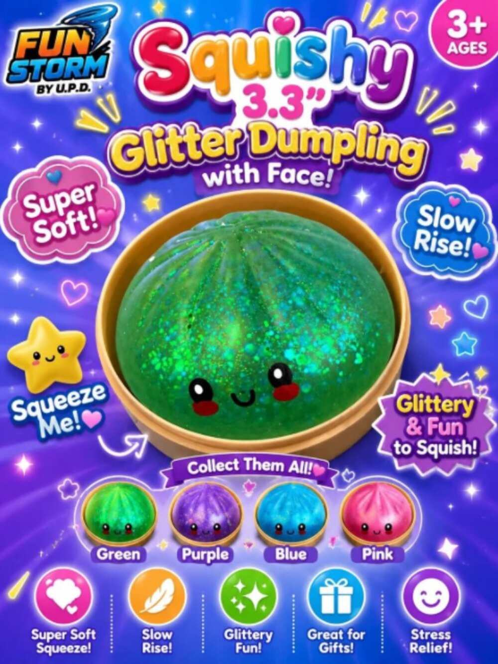 Glitter Dumpling Squishy Fidget Stress Bun Mystery Color